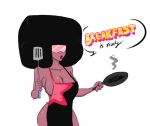 1girl afro apron breasts cleavage cooking frying_pan garnet_(steven_universe) lipstick naked_apron red_lipstick red_skin shiny shiny_skin solo spatula steven_universe sunglasses