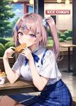 1girl ai_generated eating eating_food essievt fanart female_only food pink_eyes pink_hair sitting vtuber