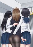  3_girls ass_focus ass_grab black_legwear brown_hair chikan female_only long_hair miniskirt panties_under_pantyhose school_uniform short_hair 