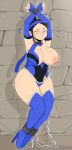 1girl 2019 blush bondage chains embarrassed jinu kitana mortal_kombat shackles thigh_boots torn_clothes wardrobe_malfunction