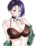  1girl asymmetrical_hair big_breasts black_bra blue_hair bra bracelet choker clothed embarrassed fire_emblem fire_emblem:_three_houses jacket jacket_removed jewelry purple_eyes ring shamir_nevrand the_kingduke tommietomm underwear video_game_character video_game_franchise 