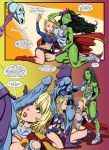 1boy 3girls blue_body blue_skin dc_comics green_body green_skin he-man_and_the_masters_of_the_universe hulk_(series) jennifer_walters kara_zor-el kara_zor-l karen_starr male marvel marvel_comics masters_of_the_universe multiple_girls power_girl she-hulk skeletor supergirl superman_(series)