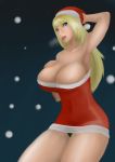  1girl arm_up armpit babe bare_shoulders beauty_mark big_breasts blonde_hair blue_eyes breasts christmas christmas_outfit cleavage female female_only green_panties hand_on_breast hat huge_breasts long_hair looking_at_viewer metroid mole nintendo one_arm_up panties pantyshot pose qwerty6699 red_dress samus_aran santa_costume santa_hat santa_outfit smile snowflakes solo_female strapless strapless_dress sweat 