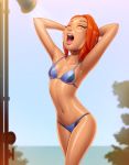 1girl aged_up beach belly ben_10 bikini closed_eyes drew_gardner_(artist) female female_only gwen_tennyson hair navel open_mouth orange_hair shiny shiny_skin shower showering small_breasts solo wet