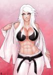 abs big_breasts bra breasts hair karate_gi muscle open_shirt white_hair