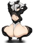 1girl android bandage curvy dat_ass houtengeki huge_ass looking_back nier:_automata short_hair sitting thick_thighs thong thong_leotard white_hair yorha_no._2_type_b