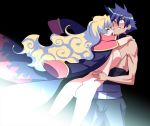 1boy 1girl ass back bad_id big_breasts blue_hair blush breast_press breasts cape hug hugging long_hair multicolored_hair naked_cape naked_coat nia_teppelin nipples nude simon smile sweat tengen_toppa_gurren_lagann tensugi_takashi two-tone_hair