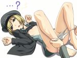  1girl ? barefoot blonde_hair blue_eyes breasts caryo erica_hartmann feet flat_chest hat long_legs lying nanashino nipples panties panty_pull peaked_cap shirt_lift short_hair solo strike_witches underwear 