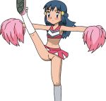 1girl bare_arms blue_eyes blue_hair blush cheerleader cheerleader_outfit cheerleader_uniform dawn dawn_(pokemon) female female_human female_only hairless_pussy hikari_(pokemon) human long_blue_hair long_hair looking_at_viewer no_panties partially_clothed pokemon pom_poms pussy raised_leg short_skirt skirt sleeveless socks solo standing upskirt white_background white_socks