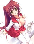 1girl bed blush bra breasts brown_eyes kousaka_tamaki lingerie long_hair open_clothes open_shirt red_hair school_uniform serafuku shirt solo takadai tamaki_kousaka thighhighs to_heart_2 tsurusaki_takahiro underwear undressing zettai_ryouiki