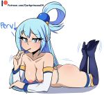 1girl 1girl 1girl aqua_(konosuba) artist_name ass blue_eyes blue_hair blush boots breasts clavicle cleavage darkprincess04 detached_sleeves english_text eyebrows_visible_through_hair food heart high_heel_boots high_heels high_resolution kono_subarashii_sekai_ni_shukufuku_wo! legs_up long_hair looking_at_viewer lying medium_breasts motion_lines nipples nude on_stomach pocky posterior_cleavage shoes stockings text the_pose very_high_resolution white_background