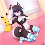 1boy anthro bed canine cellphone clothing furry girly kino_strife leggings legwear male male_only mammal nintendo panties penis phone pikachu pokemon re-sublimity-kun tongue tongue_out underwear video_games