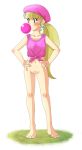  1girl barefoot beret blonde_hair bottomless bubblegum dixie_kong donkey_kong_(series) donkey_kong_country earrings feet green_eyes hair hat headgear jewelry navel nintendo outdoors outside oyatsu oyatsu_(mk2) personification ponytail pussy shirt solo tank_top tanktop tied_shirt toes 