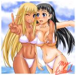 2girls beach bikini black_hair blonde_hair blue_eyes breast_grab breast_press breasts cleavage dark_skin female grabbing large_breasts long_hair multiple_girls nanakorobi_yaoki ocean original smile swimsuit v very_long_hair water wink