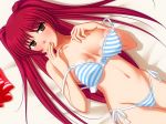 1girl bad_id bikini blush bra brown_eyes ito_(artist) ito_hajime kousaka_tamaki lingerie long_hair lying off_shoulder panties red_hair side-tie_panties solo striped striped_panties swimsuit tamaki_kousaka to_heart_2 underwear underwear_only undressing