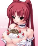  1girl :3 breast_grab breast_squeeze breasts brown_eyes cherry_(fruit) choker dessert elbow_gloves food fruit gloves grabbing kei_jiei kousaka_tamaki long_hair mouth_hold nipples red_hair ribbon_trim solo strawberry tamaki_kousaka to_heart_2 