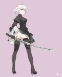  1girl ahoge artist_name ass black_dress black_gloves black_legwear boots cosplay dress dress_lift eyebrows_visible_through_hair fate/grand_order fate_(series) feather-trimmed_sleeves from_behind full_body gloves high_heel_boots high_heels high_resolution holding holding_sword holding_weapon jeanne_d&#039;arc_(alter) jeanne_d&#039;arc_(fate) juliet_sleeves katana long_sleeves nier:_automata nier_(series) no_blindfold no_leotard puffy_sleeves r3dfive shoes short_hair silver_hair simple_background standing stockings sword thigh_high_boots thighhighs_under_boots vambraces weapon wicked_dragon_witch_ver._shinjuku_1999 wind wind_lift yellow_eyes yorha_2b_(cosplay) yorha_no._2_type_b 