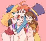 3_girls a_hat_in_time areola bard-bot bottomless breasts cadence celeste_(game) crossover crypt_of_the_necrodancer dildo female_focus female_only genderswap hat_kid human madeline_(celeste) nipples nude phone pubic_hair pussy sex_toy sweater v v_sign yuri