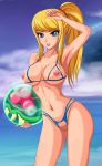  1girl areolae belly_button blonde_hair blue_eyes breasts edit female_only functionally_nude holding looking_at_viewer metroid metroid_(creature) nintendo nipples open_bikini outside pussy samus_aran sigurd_hosenfeld sigurdhosenfeld sky smile tagme tied_hair water 