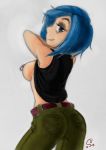 1girl 2015 black_eyes blue_hair breasts ed,_edd,_'n'_eddy looking_back marie_kanker nipple_piercing nipple_rings nipples piercing shirt_lift short_hair sideboob smile solo topless undressing