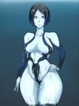 1girl bare_shoulders black_background black_eyes black_hair blue_background breasts cleavage cortana curvy gradient gradient_background halo_(game) kanta_(k_n_t_r_o) light_smile looking_at_viewer short_hair solo thick_thighs thigh_gap thighs wide_hips