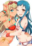 2girls aqua_eyes arm_up bandeau bare_shoulders bikini blonde_hair blue_hair blush breast_press breasts brown_eyes cheek-to-cheek clearite cleavage earrings fellatio female female_only happy high_res hugging jewelry lips long_hair looking_at_viewer love multiple_girls mutual_yuri neck_ribbon open_mouth original short_shorts shorts side-tie_bikini smile sunglasses sunglasses_on_head swimsuit symmetrical_docking tan wristband yuri