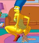 1girl anal_insertion ass blue_hair bottomless breasts cleaning duster exposed_ass feather_duster from_behind green_dress hands_on_ass high_heels hips indoors insertion legs looking_back marge_simpson milf mostly_nude presenting revealing_clothes sexy short_dress sideboob slut squatting the_simpsons thick_thighs yellow_skin