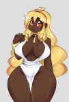 big_breasts blonde_hair bracelet breasts cleavage dark_skin dress ear_rings female human mole necklace red_eyes ring sad shiny shy sweat