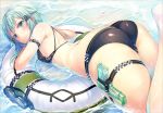 1girl asada_shino ass bikini black_bikini blush goggles green_eyes green_hair hinasaki holster innertube looking_back parted_lips sinon_(sao) solo swimsuit sword_art_online thigh_holster water water_gun wet