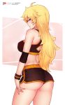 1girl 1girl 1girl ahoge alternative_costume arm_at_side artist_name ass back back_cutout bangs bare_shoulders big_breasts black_shorts blonde bluefield bra breasts crop_top eyebrows_visible_through_hair from_behind high_resolution long_hair looking_at_viewer looking_back midriff patreon_logo patreon_username purple_eyes rwby short_shorts shorts smile sports_bra sweat thighs underwear watermark web_address wristband yang_xiao_long