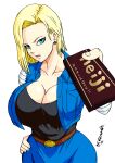 1girl android_18 chocolate cleavage dragon_ball dragon_ball_z female female_only huge_breasts naruho shounen_jump valentine's_day