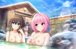  1girl 3_girls age_difference bare_shoulders blue_eyes blush brown_hair high_resolution idolmaster idolmaster multiple_girls nipples onsen pink_eyes pink_hair sagisawa_fumika sajou_yukimi third-party_edit yume_wo_nozoitara yumemi_riamu 