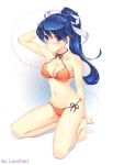 1girl arm arms art babe bare_legs bare_shoulders barefoot battle_girl_(pokemon) belly bikini blue_eyes blue_hair blush breasts cleavage female female_only hair highres kneel legs loneteel long_hair looking_at_viewer midriff navel nintendo npc_trainer original pokemon ponytail smile solo solo_female swimsuit tiptoes