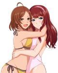 2_girls ahoge arms bikini blue_eyes breast_press breasts brown_eyes brown_hair female female_only hairband happy high_res hugging ichimedoo idolmaster im_yujin long_hair looking_at_viewer love multiple_girls mutual_yuri one-piece_swimsuit open_mouth pink_swimsuit red_hair ryoo_haena short_hair side-tie_bikini simple_background smile swimsuit symmetrical_docking white_background yellow_bikini yellow_swimsuit yuri