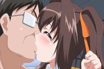 animated animated_gif blush brown_hair closed_eyes gif glasses hair hair_ribbon ikenai_koto_the_animation kiss long_hair old_man orange_ribbon ribbon saliva tears