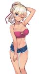 1girl ;) arm arm_up arms babe bad_id bare_legs bare_shoulders belly big_breasts blonde_hair blue_eyes breasts cleavage collarbone denim denim_shorts female hair highres large_breasts legs long_hair looking_at_viewer matsuryuu midriff navel one_eye_closed original ponytail short_shorts shorts simple_background sketch smile solo tank_top white_background wink