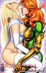 2girls art babe big_breasts blonde blonde_hair breast_press breasts choker closed_eyes emma_frost eyeshadow garrett_blair hair incipient_kiss jean_grey lips lipstick long_hair love makeup marvel marvel_comics multiple_girls mutual_yuri orange_hair phoenix phoenix_(x-men) pink_lipstick red_lipstick smile x-men yuri