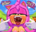 <3 1girl 2023 absurd_res ahegao amy_rose anthro areola blush bodily_fluids breasts clothing digital_media_(artwork) eulipotyphlan eyelashes front_view gaping_mouth gloves green_eyes half-closed_eyes handwear hedgehog high_res inviting inviting_to_oral inviting_to_sex large_areolae looking_at_viewer looking_pleasured mammal mouth_shot narrowed_eyes open_mouth outside sega sonic_the_hedgehog_(series) sweat teeth theboogie tongue tongue_out