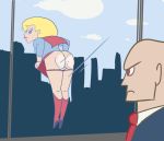 alien angry ass bald bent_over blonde_hair blue_eyes boots brown_eyes bubble_butt cape city dc female flashing flying funny human lex_luthor lipstick looking_back mooning panties_around_legs panties_down panties_pull panties_pulling red_panties smile suit super_best_friends_forever supergirl surprise tie wide_hips window