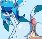  1girl 2018 annyglaceon_(mintyspirit) anthro ass digital_media_(artwork) duo eeveelution eyewear genitals glaceon glasses hair hot_dogging human human_on_anthro interspecies male male/female mammal mintyspirit nintendo nipples nude penis pok&eacute;mon pok&eacute;mon_(species) pok&eacute;philia sex simple_background video_games 