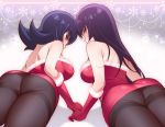 2girls akira_(natsumemo) alluring ass bare_shoulders black_hair black_legwear blush breasts fur_trim gloves large_breasts long_hair looking_at_viewer looking_back multiple_girls natsume_(pokemon) pantyhose pokemon pokemon_(game) pokemon_hgss purple_hair red_eyes red_gloves sabrina thighband_pantyhose