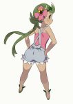 1girl apron ass bare_shoulders blush dark_skin flower flower_on_head from_behind full_body green_eyes green_hair hair_flower hair_ornament hajime_(hajime-ill-1st) hand_on_hip highres legs looking_at_viewer looking_back mallow mallow_(pokemon) mao_(pokemon) pink_shirt pokemon pokemon_sm ribbon sexy_ass shirt shoulders simple_background single_eye single_green_eye sleeveless sleeveless_shirt smile solo trial_captain twintails twitter white_background