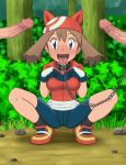 1_girl 1girl 2_boys 2boys bandanna bike_shorts blue_eyes brown_hair censored_penis clothed_female creatures_(company) female female_human forest game_freak haruka_(pokemon) humans_of_pokemon male may_(pokemon) miraa_(chikurin) nintendo outdoor outside pokemon pokemon_(anime) pokemon_diamond_pearl_&_platinum pokemon_dppt porkyman short_hair shorts squatting tongue tongue_out