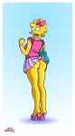  blue_background gradient_background hair_bow high_heels horik_(artist) looking_back maggie_simpson mini_skirt no_panties pink_shoes standing teenage the_simpsons white_border yellow_skin 