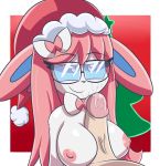  1girl 2018 anthro anthrofied big_breasts black_nose blue_eyes bodily_fluids bow_(disambiguation) breasts christmas clothing cum cum_on_face cum_on_penis digital_media_(artwork) duo eeveelution eyewear fur genital_fluids genitals glasses hair hat headgear headwear holidays human human_on_anthro interspecies javisylveon_(mintyspirit) male male/female mammal mintyspirit nintendo paizuri penis pok&eacute;mon pok&eacute;mon_(species) pok&eacute;morph pok&eacute;philia sex sylveon video_games 