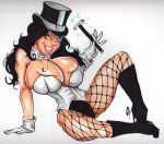 ahoge big_breasts black_hair bra breasts breasts_bigger_than_head dc dc_comics fishnet_pantyhose fishnet_stockings fishnets high_heels huge_breasts justice_league justice_league_dark long_hair nipples orvilleart_(artist) top_hat wand zatanna zatanna_zatara