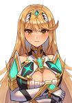  1girl 20060715 absurd_res alluring bare_shoulders big_breasts blonde_hair blush chest_jewel cleavage cleavage_cutout closed_mouth clothing_cutout dress elbow_gloves gloves high_res long_hair looking_at_viewer mythra upper_body white_dress white_gloves xenoblade_(series) xenoblade_chronicles_2 yellow_eyes 