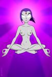  1girl aura bold-n-brash crossed_legs dc_comics dcau demon_girl eyebrow_raise female_only floating forehead_jewel glowing_eyes grey_hair grey_nipples grin hairless_pussy hand_sign jewel_on_forehead levitating levitation lotus_position magic meditating meditation nude nude_female older older_female purple_hair rachel_roth raven_(dc) smirking_at_viewer smooth_skin superheroine teen_titans white_eyes young_adult young_adult_female young_adult_woman 