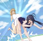  2girls ;o antenna_hair ass black_hair blonde_hair blue_eyes breasts brown_eyes cloud commentary_request competition_swimsuit crossover day dutch_angle eyebrows eyebrows_visible_through_hair eyes_visible_through_hair highres hip_attack huge_breasts kaminashi_nozomi keijo keijo_land_field long_hair multiple_girls narusawa_ryouka occultic;nine one-piece_swimsuit one_eye_closed open_mouth outdoors ponytail season_connection sky speed_lines swimsuit viperxtr water 