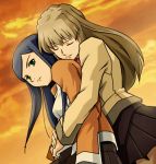  2girls artist_request blue_hair closed_eyes female from_behind fujino_shizuru green_eyes hair hug hug_from_behind hugging kuga_natsuki light_brown_hair long_hair looking_back love mai-hime multiple_girls my-hime natsuki_kuga pleated_skirt school_uniform shizuru_fujino skirt sky sunset yuri 